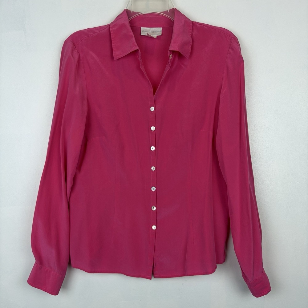 Worthington Womens Medium Silk Vibrant Pink Button Down Long Sleeve Blouse Shirt